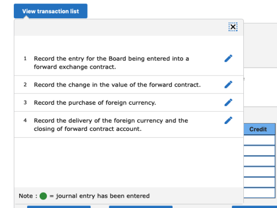 View transaction list X 1 Record the entry for the Board being entered into a forward exchange contract. 2 Record the change