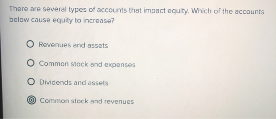 There are several types of accounts that impact equity. Which of the accounts below cause equity to increase? Revenues and as