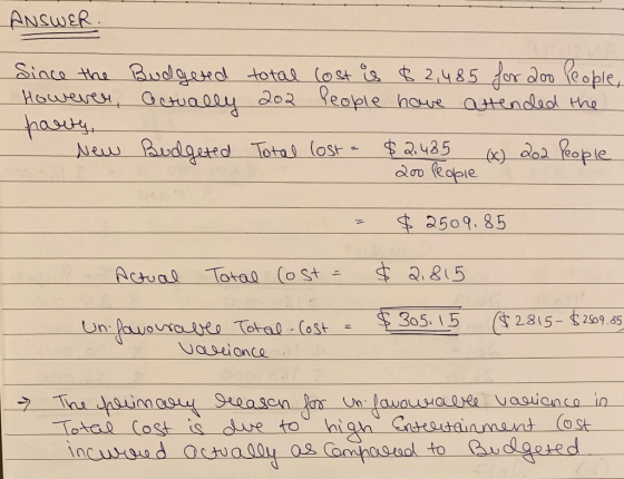 ANSWER. Budgeted total cost is $2,485 for 200 people, actually 202 people have attended the Since the However, party, New Bud