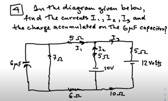 4 In the diagrom given below, find the currents I., Iz, Iz and the charge accumulated on the Gur capacitor? 52 I, 52 7.12 sr