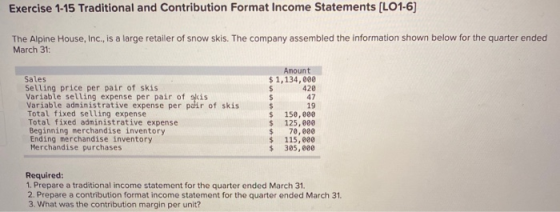 Exercise 1-15 Traditional and Contribution Format Income Statements (LO1-6) The Alpine House, Inc., is a large retailer of sn