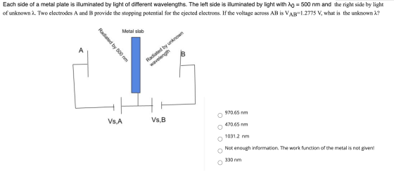 Each side of a metal plate is illuminated by light of different wavelengths. The left side is illuminated by light with 10 =