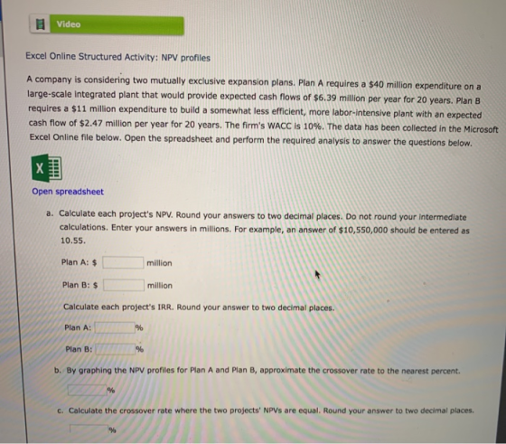 Video Excel Online Structured Activity: NPV profiles A company is considering two mutually exclusive expansion plans. Plan A