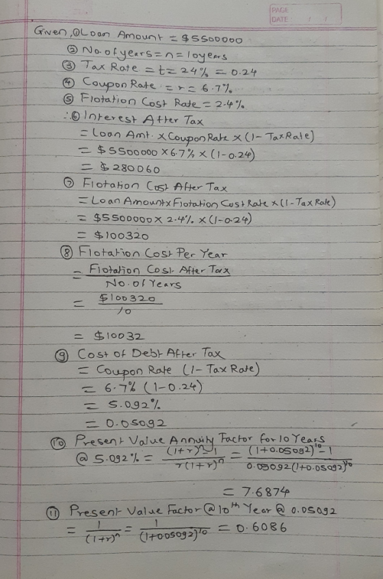 PAGE DATE GNen ,oLo an Amount =45500000 Noofyearsn=loyers Tax Rate tz 24% -0.24 Coupon Rate 6.7 S Flotation Cost Rade 2-4% 01