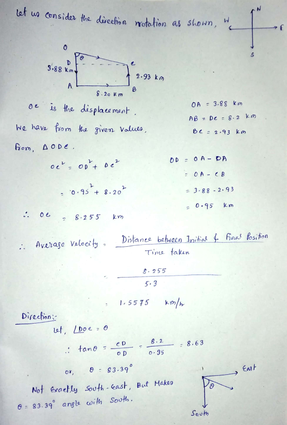 N Let us consider the direction notation as shown, 1. 0 e 3.88 km 2.93 km A. B 8.2 km je is the displacement OA = 3.88 km A B