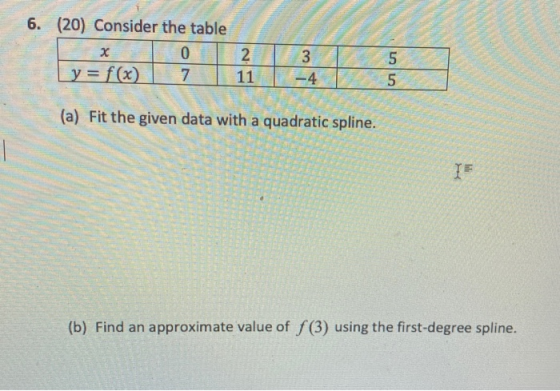 6. (20) Consider the table X 0 | 2 | y = f(x) | 7 11 | 3 5 (a) Fit the given data with a quadratic spline. YE (b) Find an app