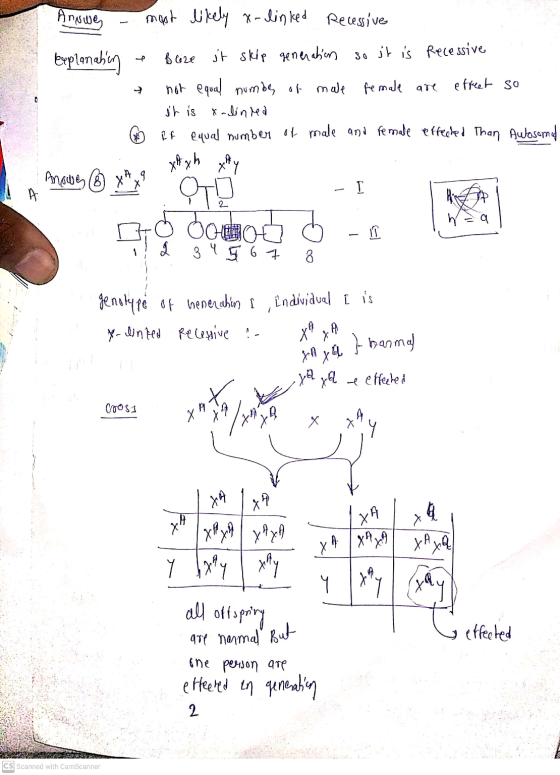 Answeg most likely X-linked Recessive explanation Bize it skip generaben so it is recessive not equal number of male female a