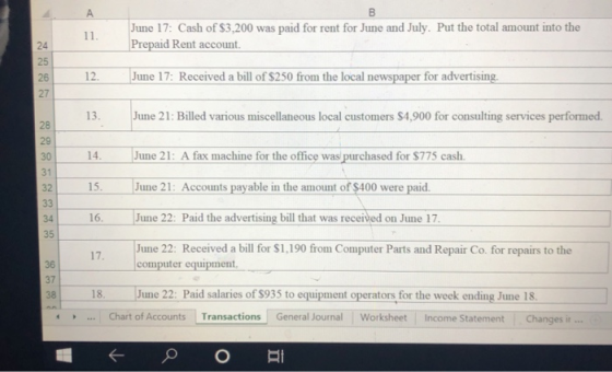 June 17: Cash of $3,200 was paid for rent for June and July. Put the total amount into the Prepaid Rent account. 12. June 17: