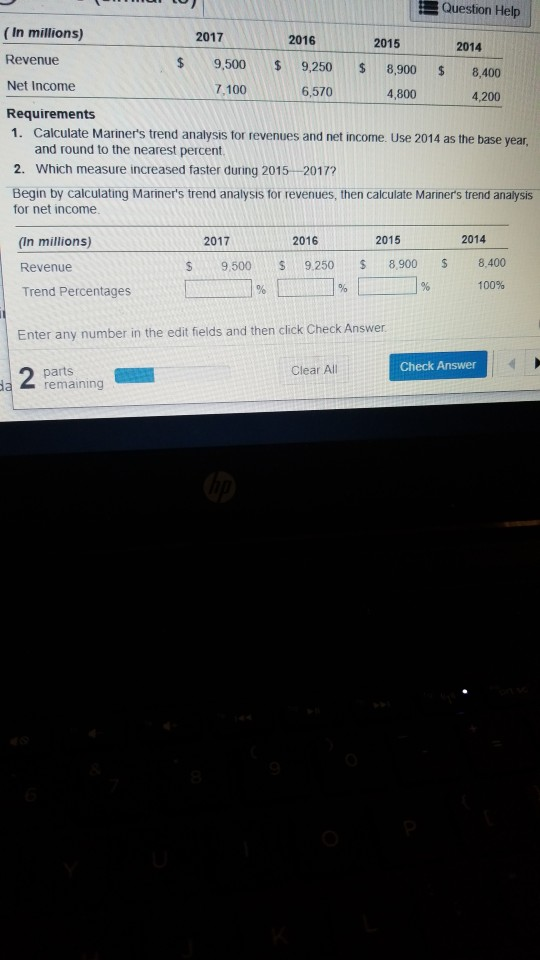 Question Help (In millions) 2017 2016 2015 2014 Revenue 9,500 $ 9,250 $ 8,900 8,400 Net Income 7,100 6,570 4,800 4,200 Requir