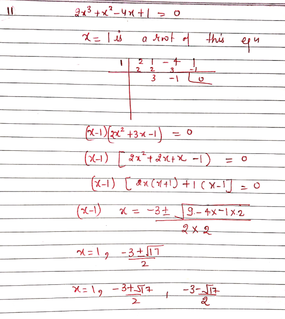 2x3 +x?_44+1=0 x= 1 is a knot of this equ 12 23 T3 - To (x-1)(3x? +32-1) = 0 (6-1) [ 2x*+2144 X -1) = 0 (x-1) [ Qx (1+1CX-1]
