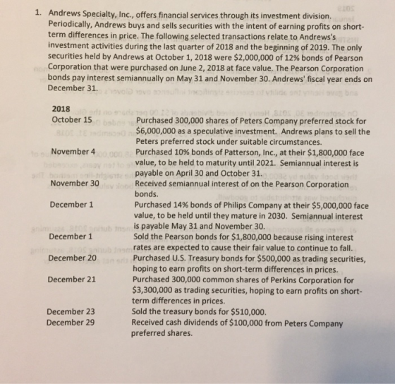 1. Andrews Specialty, Inc., offers financial services through its investment division. Periodically, Andrews buys and sells securities with the intent of earning profits on short- term differences in price. The following selected transactions relate to Andrewss investment activities during the last quarter of 2018 and the beginning of 2019. The only securities held by Andrews at October 1, 2018 were $2,000,000 of 12% bonds of Pearson Corporation that were purchased on June 2, 2018 at face value. The Pearson Corporation bonds pay interest semiannually on May 31 and November 30. Andrews fiscal year ends on December 31. 14 2018 October 15 Purchased 300,000 shares of Peters Company preferred stock for $6,000,000 as a speculative investment. Andrews plans to sell the Peters preferred stock under suitable circumstances. Purchased 10% bonds of Patterson, Inc., at their $1,800,000 face value, to be held to maturity until 2021. Semiannual interest is payable on April 30 and October 31. Received semiannual interest of on the Pearson Corporation bonds. Purchased 14% bonds of Philips Company at their $5,000,000 face value, to be held until they mature in 2030. Semiannual interest is payable May 31 and November 30. Sold the Pearson bonds for $1,800,000 because rising interest rates are expected to cause their fair value to continue to fall Purchased U.S. Treasury bonds for $500,000 as trading securities, hoping to earn profits on short-term differences in prices Purchased 300,000 common shares of Perkins Corporation for $3,300,000 as trading securities, hoping to earn profits on short- term differences in prices Sold the treasury bonds for $510,000. Received cash dividends of $100,000 from Peters Company preferred shares. November 4 November 30 December 1 December 1 December 20 December 21 December 23 December 29