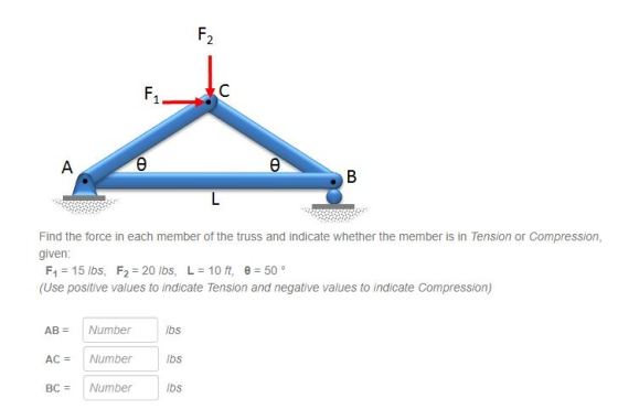 Find the force in each member of the truss and indicate whether the member is in Tension or Compression, given F1 15 lbs, F2 20 lbs, L 10 ft, 50 (Use positive values to indicate Tension and negative values to indicate Compression) AB-Number Ibs ACNumber bs BCNumber lbs