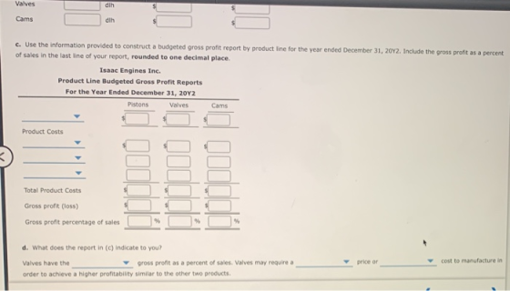 Valves dih Cams dih c. Use the information provided to construct a budgeted gross profit report by product line for the year