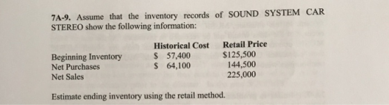 7A-9. Assume that the inventory records of SOUND SYSTEM CAR STEREO show the following information: Beginning Inventory Net Purchases Net Sales Historical Cost Retail Price S 57,400 S 64,100 $125,500 144,500 225,000 Estimate ending inventory using the retail method.