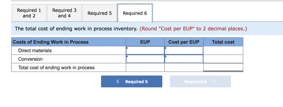 Required 1 and 2 Required 3 and 4 Required 5 Required 6 The total cost of ending work in process inventory. (Round Cost per