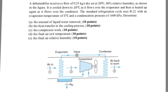 A dehumidifier receives a flow of 025 kgs dry air at 28°C, 80% relative humidity, as shown in the figure. It is cooled down to 20°C as it flows over the evaporator and then is heated up again as it flows over the condenser. The standard refrigeration cycle uses R-22 with an evaporator temperature of5°C and a condensation pressure of 1600 kPa. Determine: (a) the amount of liquid water removed, (10 points) (b) the heat transfer in the cooling process, (10 points) (c) the compressor work, (10 points) (d) the final air ex it temperature (10 points) (e) the final air relative humidity (10 points) Evaporator Valve Condenser Air back to room Air in