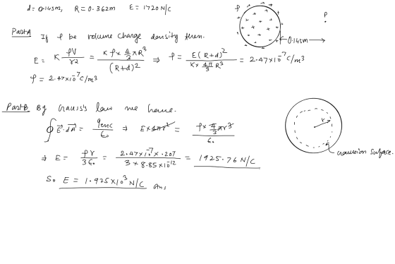 di 0.145m, R = 0.362m E = 1720 NLC f a + r t Past A + If e be K0-145m 3 rolume charge density then, Kfx 4 AR f= (Rtd)2 Ky 4 T