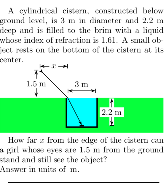 A cylindrical cistern, constructed below ground level, is 3 m in diameter and 2.2 m deep and is filled to the brim with a liq