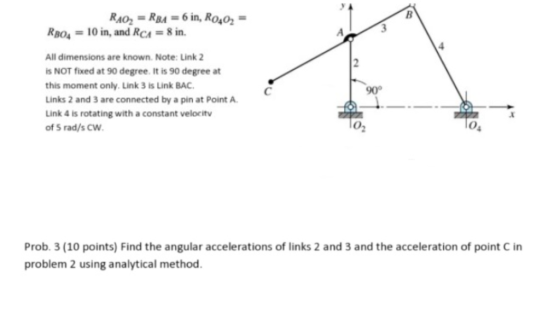 = 6 in, ROO.- RAO2-RBA RBO.-lo in, and RCA = 8 in. All dimensions are known. Note: Link 2 s NOT fixed at 90 degree. It is 90