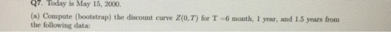 Q7. Today is May 15, 2000 (a) Compute (bootstrap) the discount curve Z(0,T) for T 6 month, 1 year, and 1.5 years from the following data: