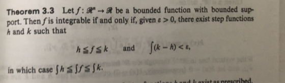 Theorem 3.3 Let f:9-R be a bounded function with bounded sup- port. Then/ is integrable if and only if, given ε > 0, there ex