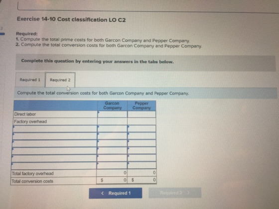 Exercise 14-10 Cost classification LO C2 Required: 1. Compute the total prime costs for both Garcon Company and Pepper Compan