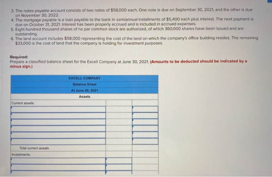 3. The notes payable account consists of two notes of $58,000 each. One note is due on September 30, 2021, and the other is d