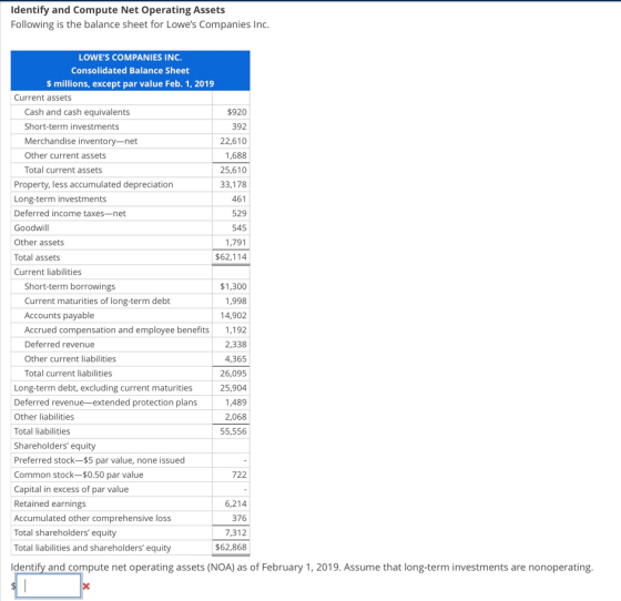Identify and Compute Net Operating Assets Following is the balance sheet for Lowes Companies Inc. 461 LOWES COMPANIES INC.