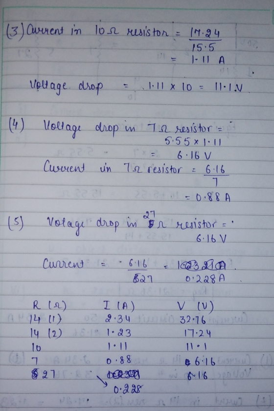 (3) Current in lor resistor = 19.24 15.5 11 A upage drop 1:11 X 10 = 11:1.V (4) Vollage drop in the resistor = 5:55*1. 6.16 v