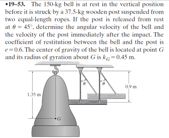 •19–53. The 150-kg bell is at rest in the vertical position before it is struck by a 37.5-kg wooden post suspended from two e