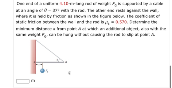 One end of a uniform 4.10-m-long rod of weight F, is supported by a cable at an angle of a = 37° with the rod. The other end
