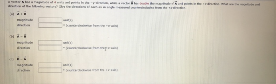 A vector A has a magnitude of 4 units and points in the -y-direction, while a vector has double the magnitude of A and points