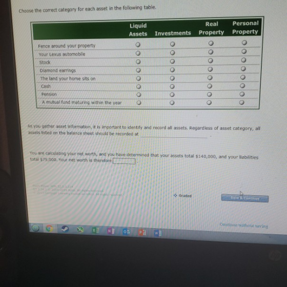 Choose the correct category for each asset in the following table. Real Personal Liquid Assets Investments Property Property Fence around your property Your Lexus automobile Stock Diamond earrings The land your home sits on Cash Pension A mutual fund maturing within the year As you gether asset information, it is important to identify and record all assets. Regardless of asset category, all assets listed on the balance sheet should be recorded at You are calculating your net worth, and you have determined that your assets total $140,000, and your liabilities total $75,000. Your net worth is therefore「 Graded Save &continu Continue without saving