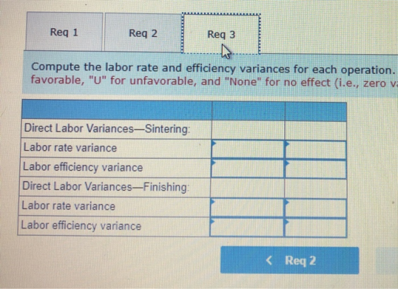 Reg 1 Reg 2 Reg 3 Compute the labor rate and efficiency variances for each operation. favorable, U for unfavorable, and No
