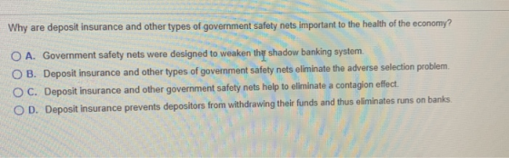 Why are deposit insurance and other types of government safety nets important to the health of the economy? O A. Government s