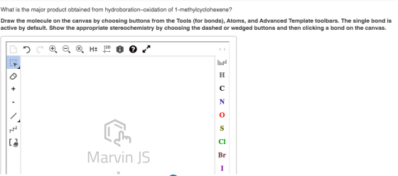 What is the major product obtained from hydroboration-oxidation of 1-methylcyclohexene? Draw the molecule on the canvas by ch