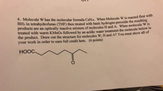. When Molecule W is reacted first with cules H and A. When molecule Wis 4. Molecule W has the molecular formula C8H14. When