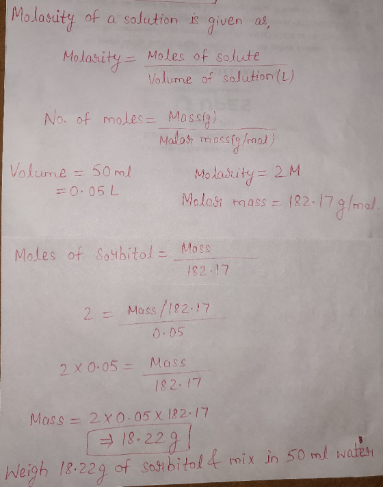Molasuty of a solution is given a MolatityMoles of solute Volume of soluution (L) No. of moles- Mass Molot masst mol) Volume