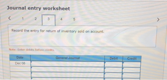 Journal entry worksheet 2 3 5 Record the entry for return of inventory sold on account. Note: Enter debits before credits. Da