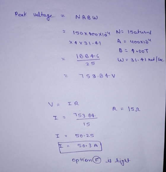 Peak voltage z NABW 2 150x400x104 N= 15eturns x 4 x 31.41 Az 400x104 B = 4.00T 18646 W=31.41 red (see 25 753.84 v V = IR R =