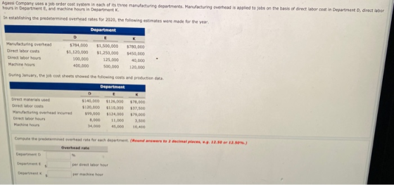 Agassi Company uses a job order cost system in each of its three manufacturing departments. Manufacturing overhead is applied