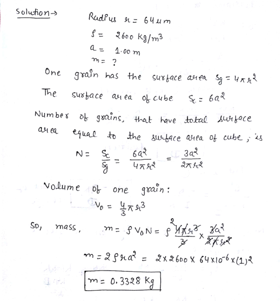 Solution-> a= 1.00 m One gran has the sushace aa S un The sushace an ea o cube S 6a Numbes ob ggninç, that have total Aust bace an ea equal to the sw-bece siea ot cube 4 Vo.lume one gxai 3 So, mass m= 0.3328 k