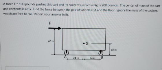 A force F = 100 pounds pushes this cart and its contents, which weighs 200 pounds. The center of mass of the cart and content