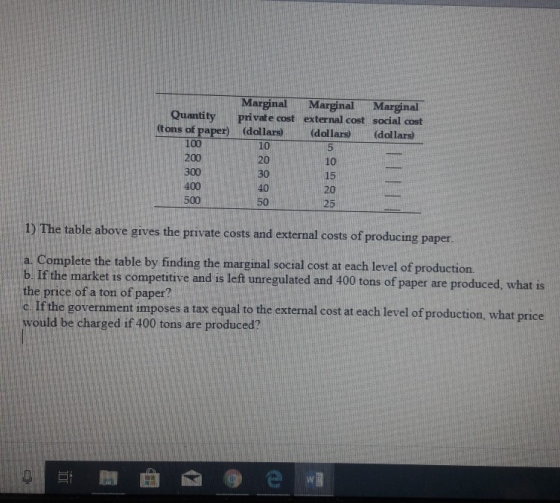 Marginal Marginal private cost external cost social cost Marginal Quantity (tons of paper) (dollars) (dollars) (dollars) 100