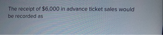 The receipt of $6,000 in advance ticket sales would be recorded as
