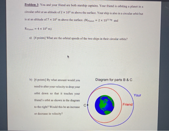 Problem 3: You and your friend are both starship captains. Your friend is orbiting a planet in a circular orbit at an altitud