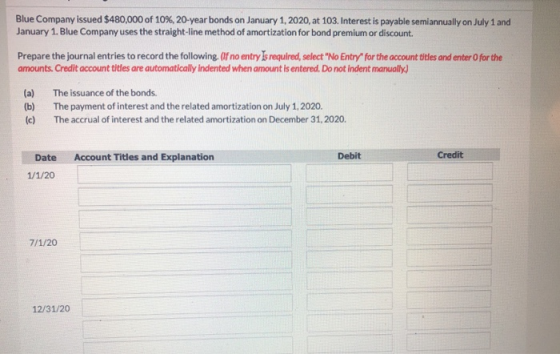 Blue Company issued $480,000 of 10%, 20-year bonds on January 1, 2020, at 103. Interest is payable semiannually on July 1 and