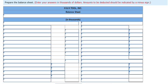 Prepare the balance sheet. (Enter your answers in thousands of dollars. Amounts to be deducted should be indicated by a minus