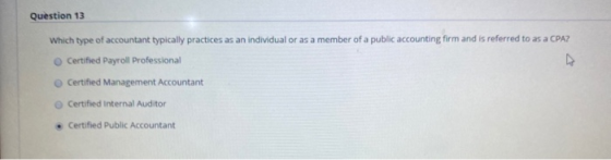 Question 13 Which type of accountant typically practices as an individual or as a member of a public accounting firm and is r
