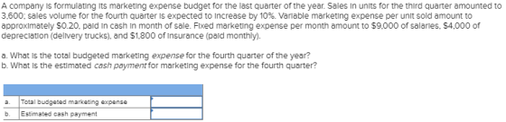 A company is formulating Its marketing expense budget for the last quarter of the year. Sales In units for the third quarter